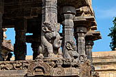 The great Chola temples of Tamil Nadu - The Airavatesvara temple of Darasuram. The peripheral columns of the  mandapa with seated yalis at the base. 